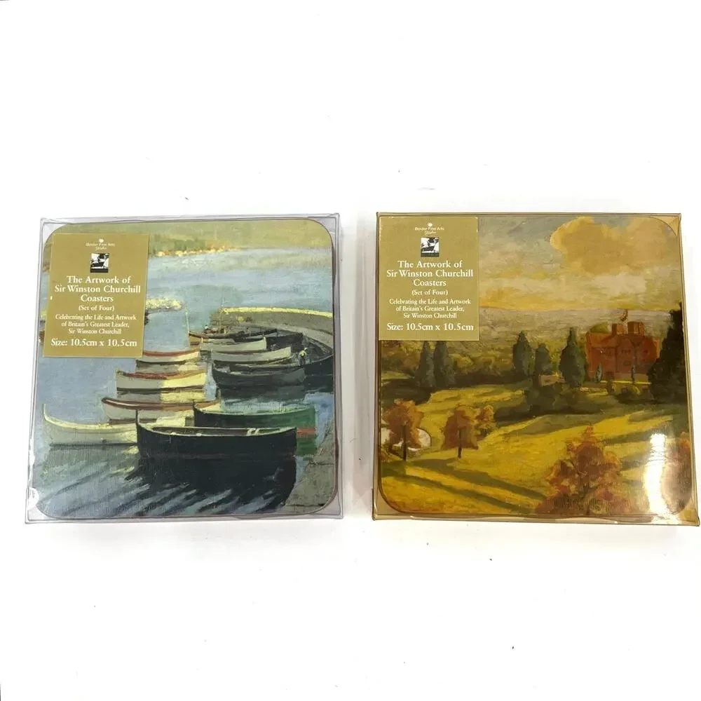 2 Sir Winston Churchill painting coasters set  by Border Fine Arts Studio UK.